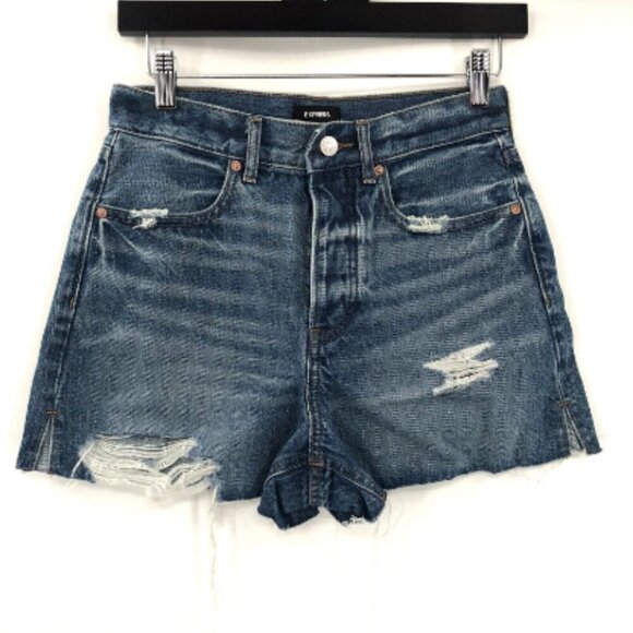 EXPRESS Mom Shorts Denim Jean Shorts Super High Rise Cut Off Distressed Ripped 0 - Picture 1 of 9